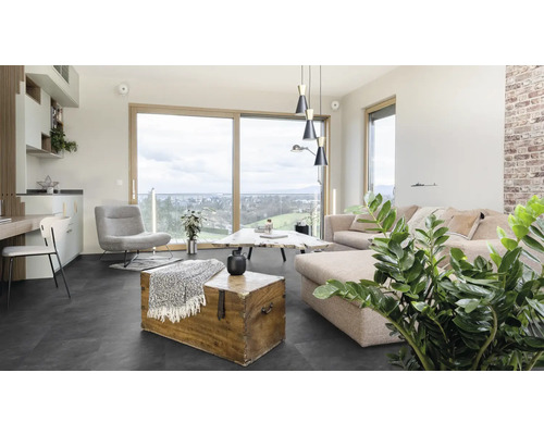 Wohnzimmer mit Sofa, Sessel, Tisch und Holzkiste auf dunklem Boden