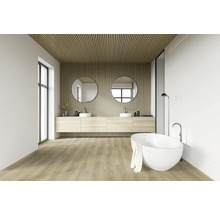 Modernes Badezimmer mit Doppelwaschtisch, runden Spiegeln, freistehender Badewanne und Holzpaneelen
