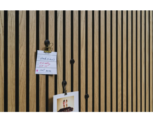 Wandpaneel aus Holz mit Notizen und Foto