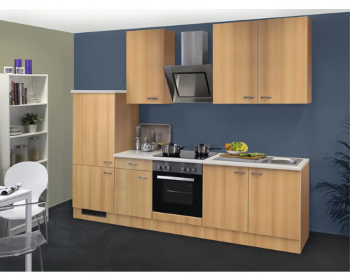 Küchenleerblock Flex Well Nano L-270-2206-000 Buche-Dekor/Buche-Dekor 270 cm Einbauküche mit Ober- und Unterschränken, Dunstabzugshaube und Elektrogeräten.