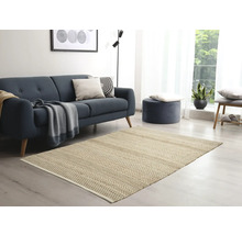 Wohnzimmer mit Sofa, Hocker und gemustertem Teppich