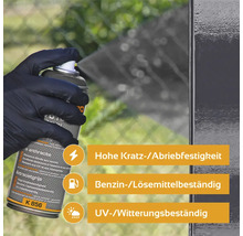 Anthrazitfarbene Sprühfarbe in Aktion mit Hinweisen zu Kratzfestigkeit, Benzinbeständigkeit und UV-Beständigkeit