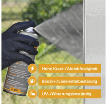 Sprühfarbe wird aufgetragen, Eigenschaften hervorgehoben: Kratzfestigkeit, Abriebfestigkeit, Benzinbeständigkeit, Lösemittelbeständigkeit, UV-Beständigkeit, Witterungsbeständigkeit
