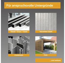 Verschiedene Materialien wie Metall, Eisen, Stahl, verzinkter Stahl, Aluminium und Holz.