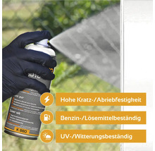 Lack Spraydose mit Hinweisen zu Kratzfestigkeit, Benzinbeständigkeit und UV-Beständigkeit.