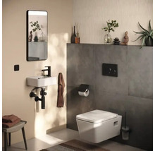 Modernes Badezimmer mit Toilette, Waschbecken, Spiegel und Dekorationen.
