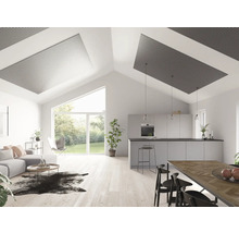 Helles Wohnzimmer mit Akustikpaneelen an der Decke, einer offenen Küche und einem Essbereich