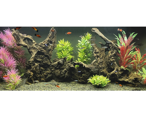 Aquarium mit Dekoration aus Kunstpflanzen, Wurzelholz und Kies