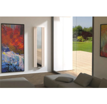 Modernes Wohnzimmer mit Spiegelheizkörper, Gemälde und Sofa für ein stilvolles Ambiente.
