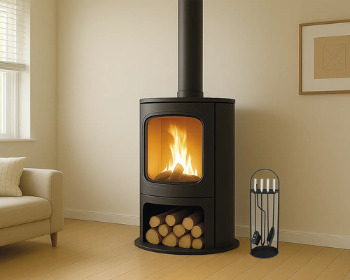 Kaminofen mit Holz und Kaminbesteck in einem hellen Raum