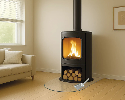 Kaminofen mit Brennholz, Glasschutzplatte und Schaufel in einem Wohnzimmer.