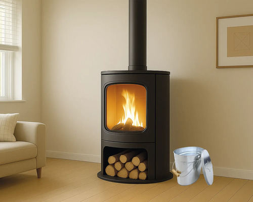 Kaminofen mit Holzscheiten und Metalleimer im Wohnzimmer