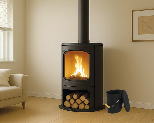 Innenaufnahme eines Wohnzimmers mit einem Kaminofen, Holzscheiten und einem Kohleeimer.