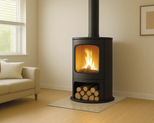 Kaminofen mit Holz und Glasplatte in einem Wohnzimmer