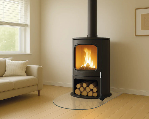 Kaminofen mit Holzscheiten unter Flammen und Glasbodenplatte im Wohnzimmer