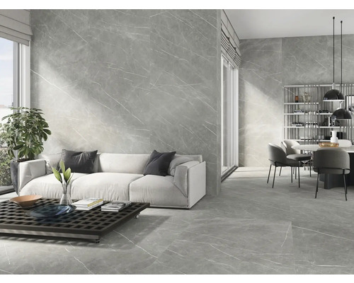 Modernes Wohnzimmer mit grauen Marmorfliesen an Wand und Boden, Sofa und Esstisch