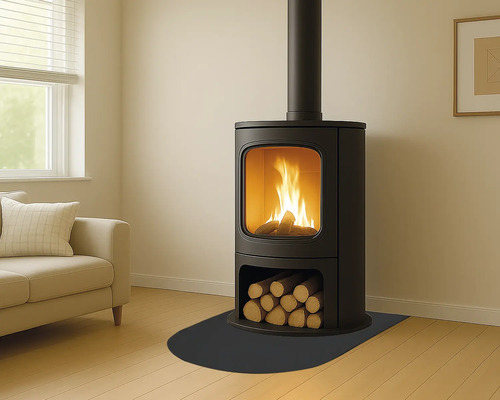 Kaminofen mit Holzablage und brennendem Feuer im Wohnzimmer