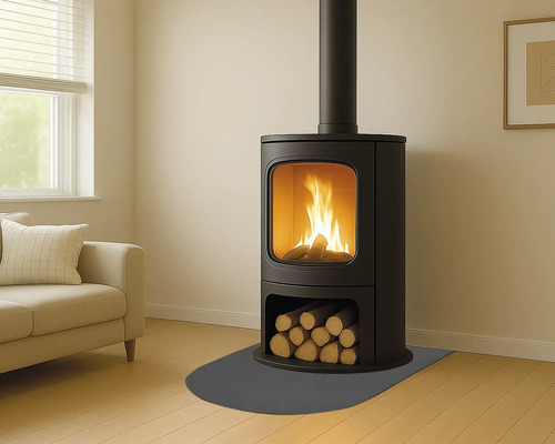 Kaminofen mit Holzscheiten im Wohnzimmer