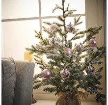 Dekorierter kleiner Weihnachtsbaum mit Christbaumkugeln vor einem Fenster