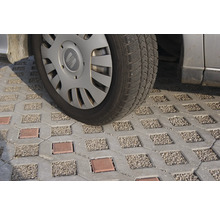 Ein Auto parkt auf Rasengittersteinen.