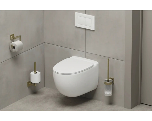 Wandhängende Toilette mit Toilettenpapierhalter, Ersatzrollenhalter und Toilettenbürste in modernem Badezimmer