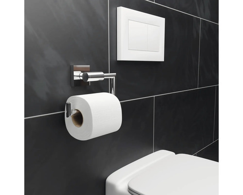 Badezimmer mit Toilettenpapierhalter, Betätigungsplatte und Toilette