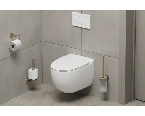 Wandhängendes WC mit Toilettenpapierhalter, Toilettenbürste und Betätigungsplatte in modernem Badezimmer