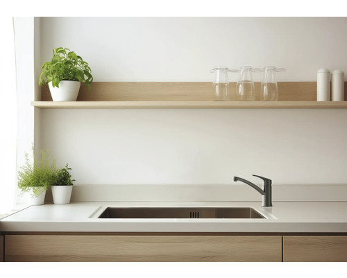 Helle Küche mit Spüle, Armatur, Arbeitsplatte und Regalen mit Dekoration