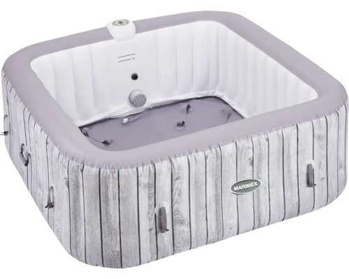Aufblasbarer Whirlpool mit Holzoptik und Marimex Logo