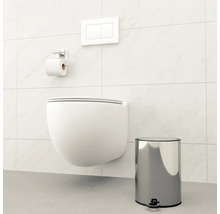 Wandhängendes WC mit Betätigungsplatte, Toilettenpapierhalter und Treteimer in einem Badezimmer.