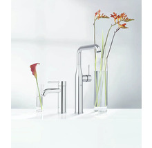 Szene mit zwei verchromten Grohe Wasserhähnen und Blumengestecken in Gläsern