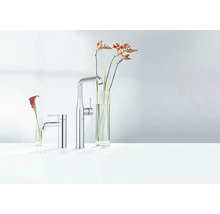 Zwei verchromte Armaturen und Blumenvase auf einer weißen Oberfläche