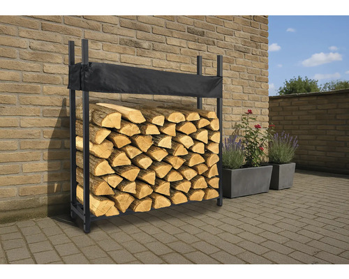 Kaminholzunterstand 113 x 25 x 115 cm anthrazit Brennholzregal aus Metall mit Abdeckung, gefüllt mit Holz