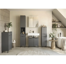 Badezimmer mit Waschbecken, Spiegelschrank und grauen Badmöbeln