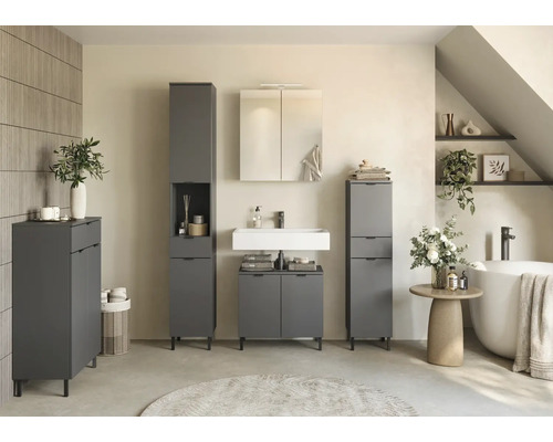 Badezimmer mit Waschbecken, Spiegelschrank und grauen Badmöbeln
