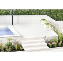 Außenbereich mit Pool, Dusche, Treppe, Pflanzen und Mauer