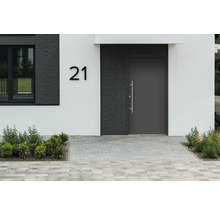 Fassade eines Hauses mit Haustür, Hausnummer 21 und Pflastersteinen