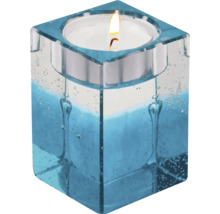 Teelichthalter aus Glas in Würfelform mit Kerze