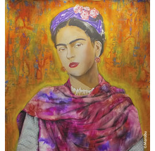 Gemälde im Stil von Frida Kahlo mit Blumen im Haar und Tuch