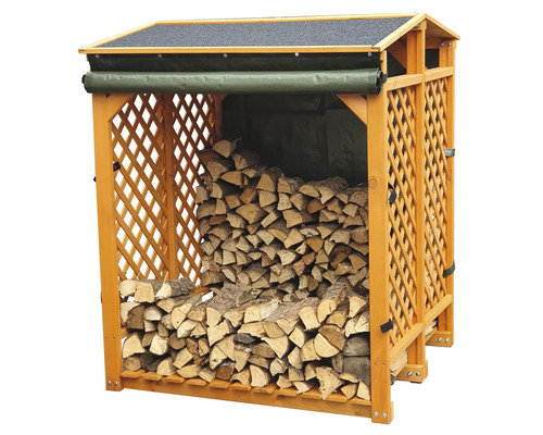 Holzlager aus Holz mit Gitterstruktur und Brennholz