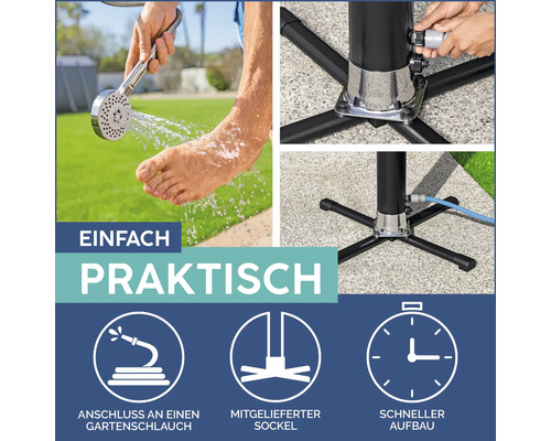 Gartendusche mit Anschluss für Gartenschlauch, mitgeliefertem Sockel und schneller Aufbau