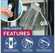 Merkmale der Dusche: Wasserfluss- und Temperaturregler, verschiedene Strahlarten, verstellbarer Duschkopf mit Halterung