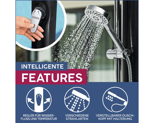 Merkmale der Dusche: Wasserfluss- und Temperaturregler, verschiedene Strahlarten, verstellbarer Duschkopf mit Halterung