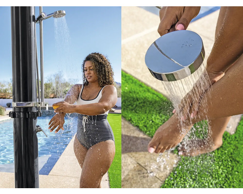 Außendusche mit Wasserstrahl im Garten