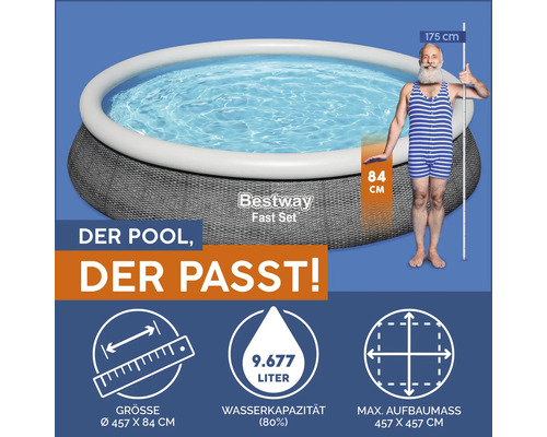 Bestway Fast Set Pool mit den Maßen Durchmesser 457 cm und Höhe 84 cm, Wasserinhalt 9677 Liter, maximale Aufbaugröße 457 x 457 cm