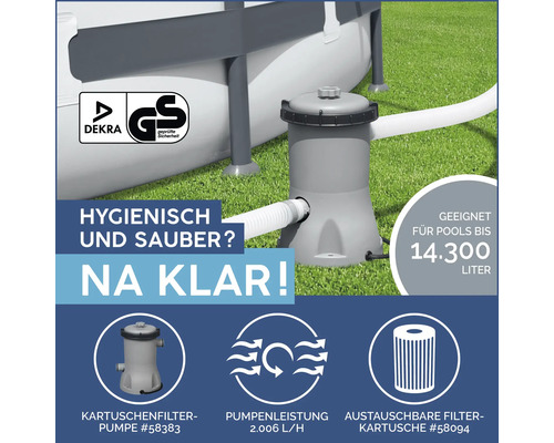 Kartuschenfilterpumpe neben einem Pool, mit DEKRA und GS Zeichen und Informationen zur Pumpenleistung und Filterkartusche