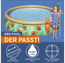 Bestway Pool mit Blumenmuster, 457 x 84 cm, neben einer Person zur Größenanzeige