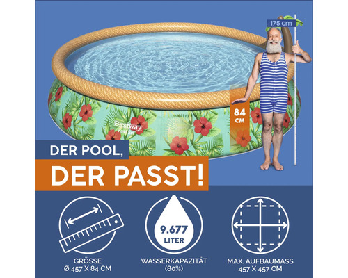 Bestway Pool mit Blumenmuster, 457 x 84 cm, neben einer Person zur Größenanzeige