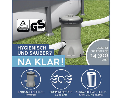 Kartuschenfilterpumpe für Pools bis 14300 Liter mit TÜV Rheinland Zertifikat und geprüfter Sicherheit