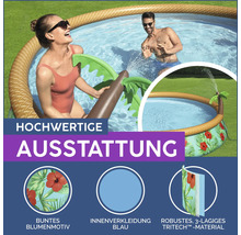 Aufblasbarer Pool mit Palmen-Design, buntem Blumenmuster und TRITECH-Material.